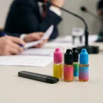 Cigarette électronique de type pod et flacons d'e-liquides aromatisés colorés posés sur une table lors d'un débat sur la réglementation du vapotage en Belgique