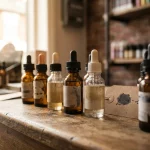 Flacons d'e-liquide dans une boutique de vape britannique avant l'entrée en vigueur de la nouvelle taxe d'accise en octobre 2026