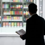 Rue commerçante allemande avec vitrine de vape en arrière-plan, symbolisant l'annonce d'interdiction des puffs jetables en Allemagne