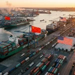 Port de conteneurs au coucher du soleil, illustration des échanges commerciaux sino-américains dans l'industrie de la vape