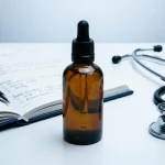 Flacon d'e-liquide sur une table médicale avec carnet de notes et stéthoscope, illustrant les risques sanitaires du vapotage pendant la grossesse