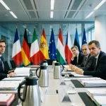 Salle de réunion européenne avec drapeaux lors d'une négociation réglementaire sur la vape