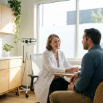 Médecin en consultation abordant la cigarette électronique comme outil de sevrage tabagique avec un patient fumeur